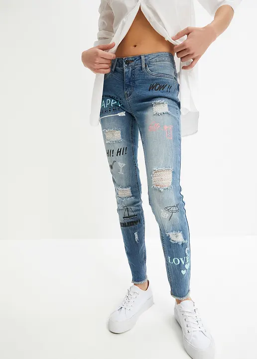 Bonprix Stylische Skinny Jeans Mit Print Und Destroy-Effekten - Blau
