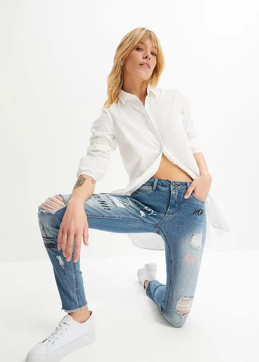 Bonprix Stylische Skinny Jeans Mit Print Und Destroy-Effekten - Blau