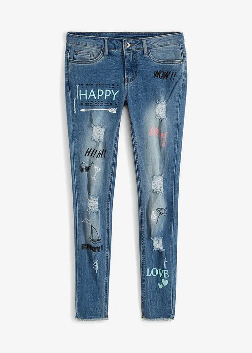 bonprix Stylische Skinny Jeans mit Print und Destroy-Effekten - blau