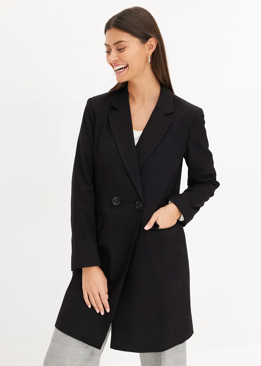 Bonprix Stylischer Longblazer Mit V-Ausschnitt - Schwarz