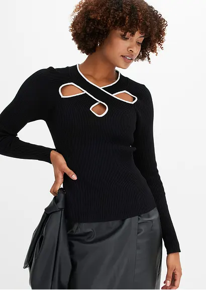 Bonprix Stylischer Pullover Mit Toller Passform Und Cut-Out - Schwarz