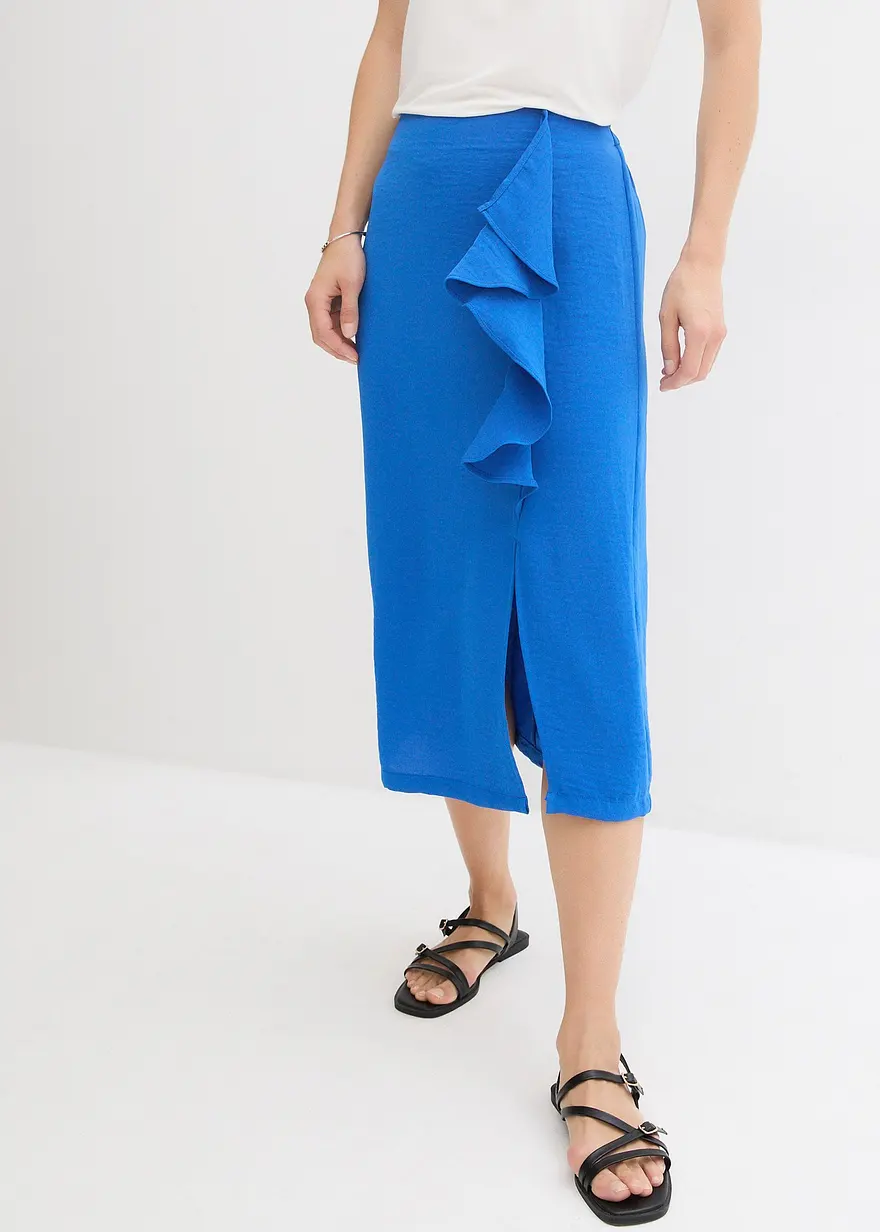 Bonprix Stylischer Rock Mit Seitlichem Schlitz Und Volant - Blau - Damen
