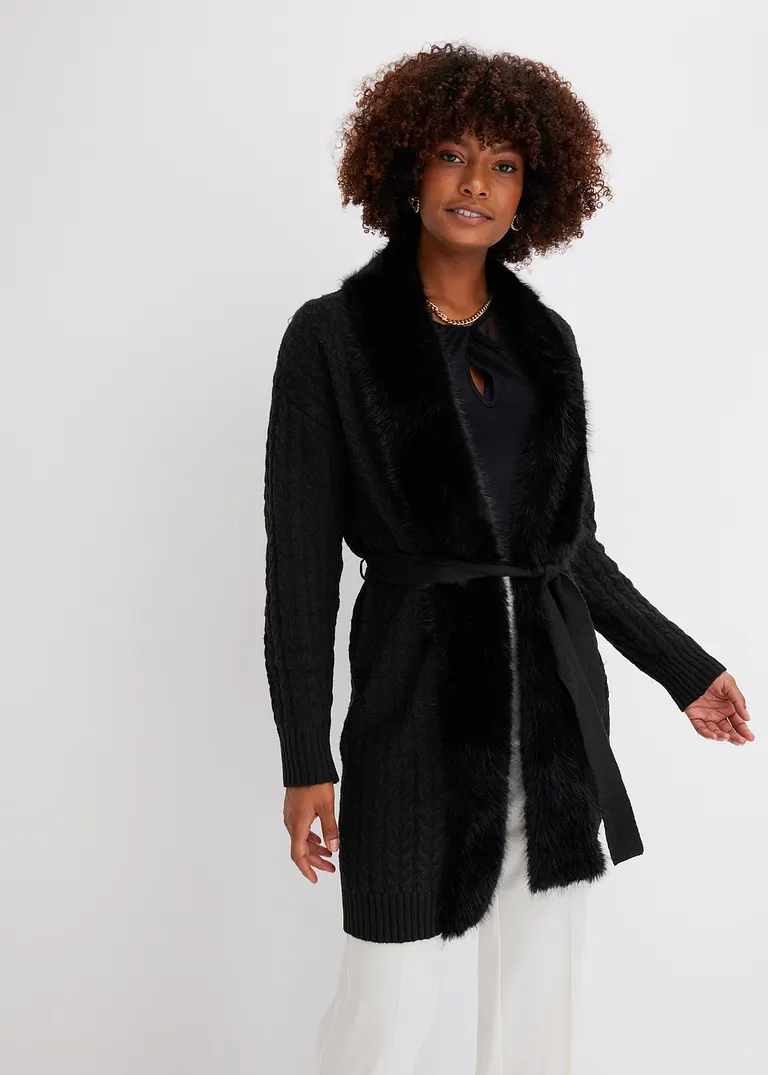 Bonprix Stylischer Strickmantel Mit Tollem Bindeband - Schwarz