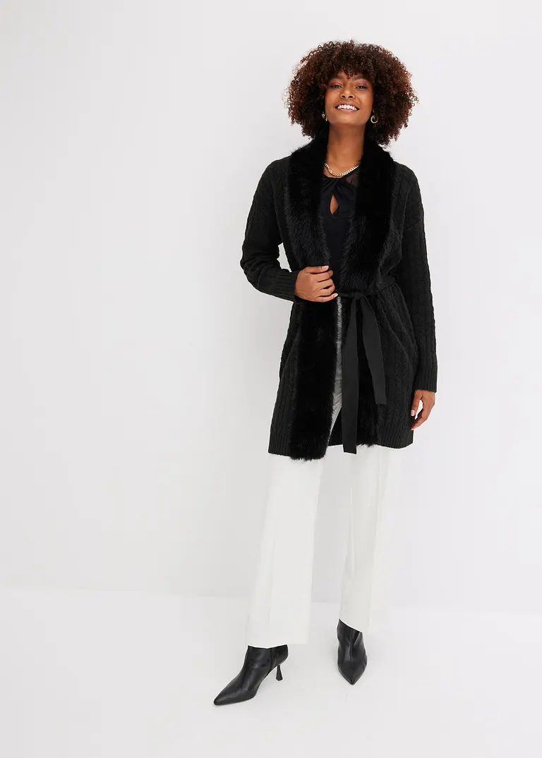 Bonprix Stylischer Strickmantel Mit Tollem Bindeband - Schwarz
