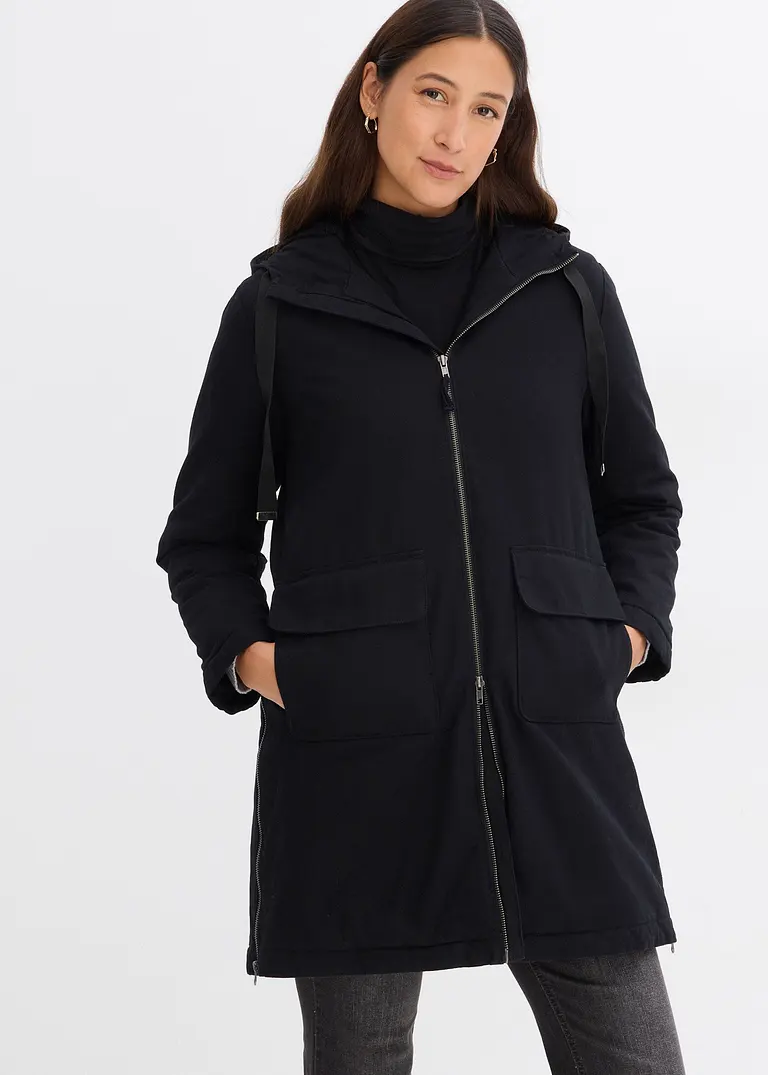 Bonprix Stylischer Winterparker Mit Kapuze Aus Teddyfutter - Schwarz