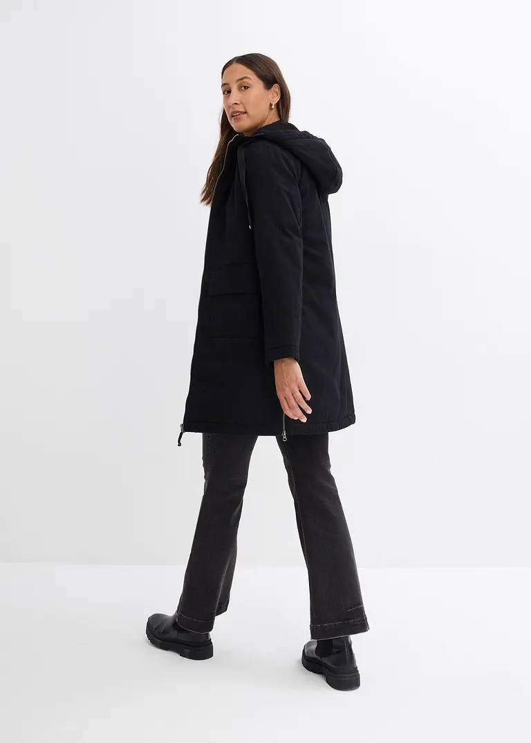 Bonprix Stylischer Winterparker Mit Kapuze Aus Teddyfutter - Schwarz
