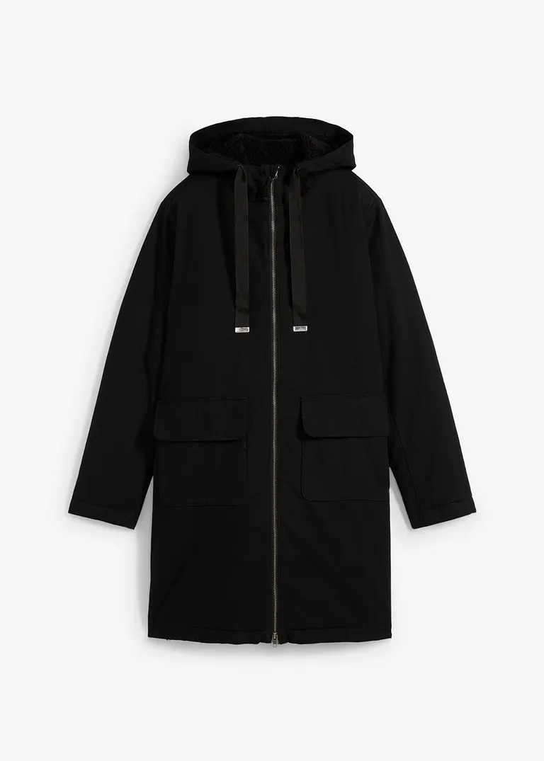 bonprix Stylischer Winterparker mit Kapuze aus Teddyfutter - schwarz