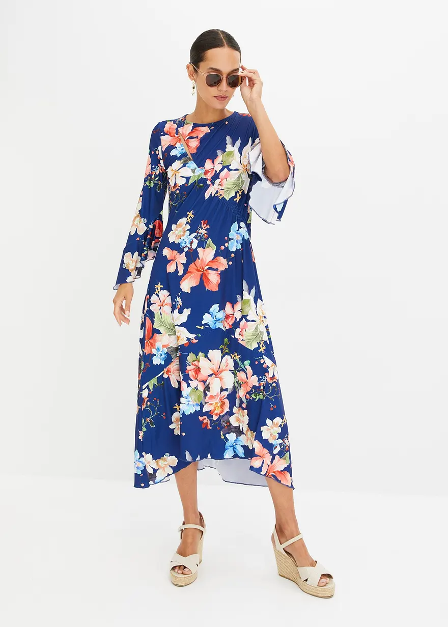 Bonprix Stylisches Blümchenkleid Mit Modernem Schnitt - Blau