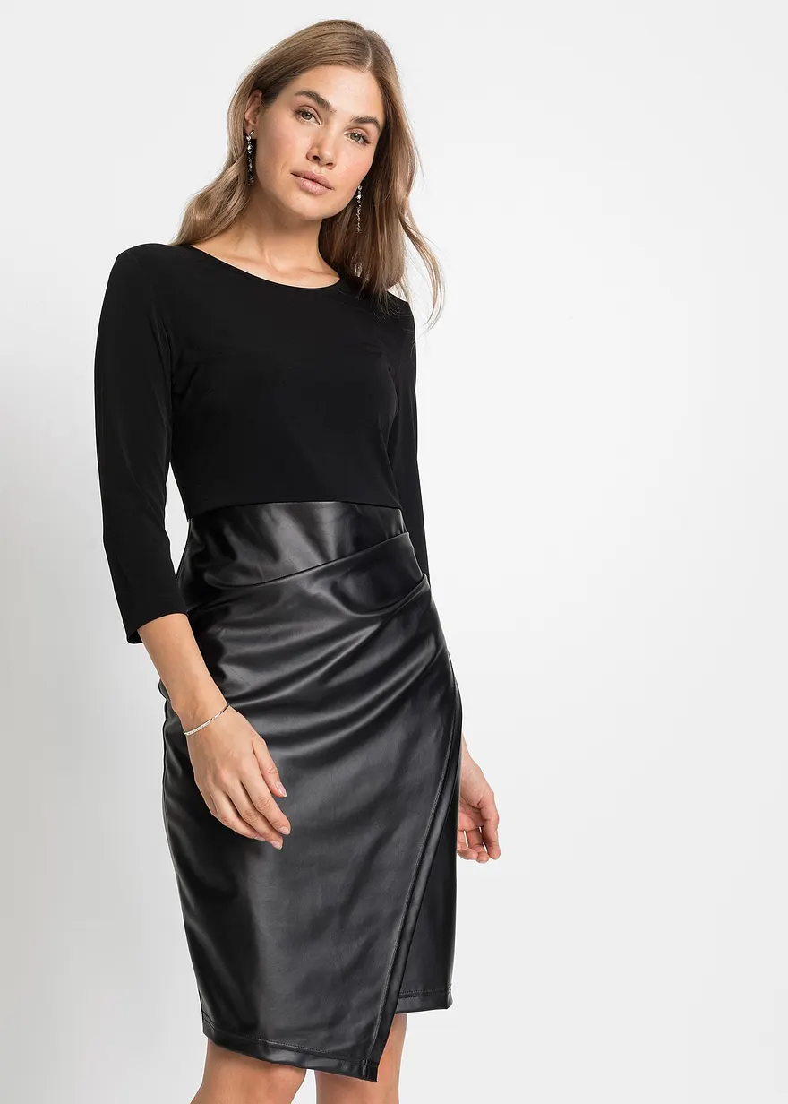 Bonprix Stylisches Kleid Mit Lederimitat-Rock Und Jersey-Oberteil - Damen