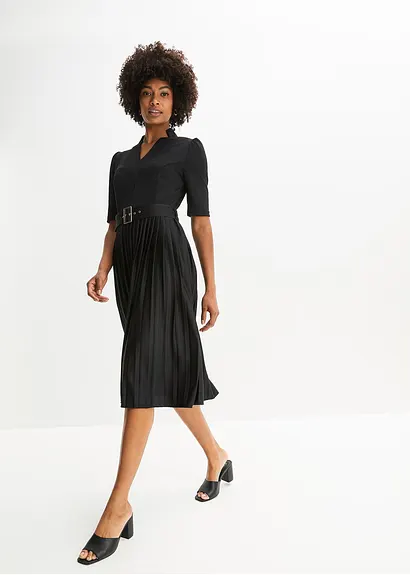 Bonprix Stylisches Kleid Mit Schönem Bindegürtel - Schwarz Regular