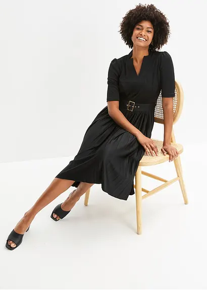 Bonprix Stylisches Kleid Mit Schönem Bindegürtel - Schwarz Regular