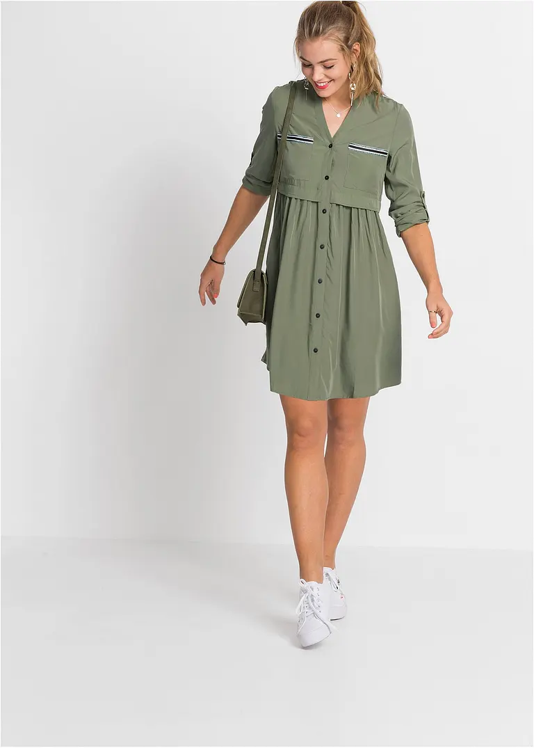 Bonprix Stylisches Langarm-Kleid Im Angesagten Hemdblusen-Stil - Grün
