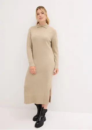 Bonprix Stylisches Langes Strickkleid Mit Seitlichen Schlitzen - Beige