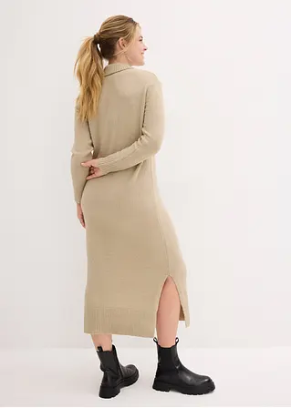 Bonprix Stylisches Langes Strickkleid Mit Seitlichen Schlitzen - Beige