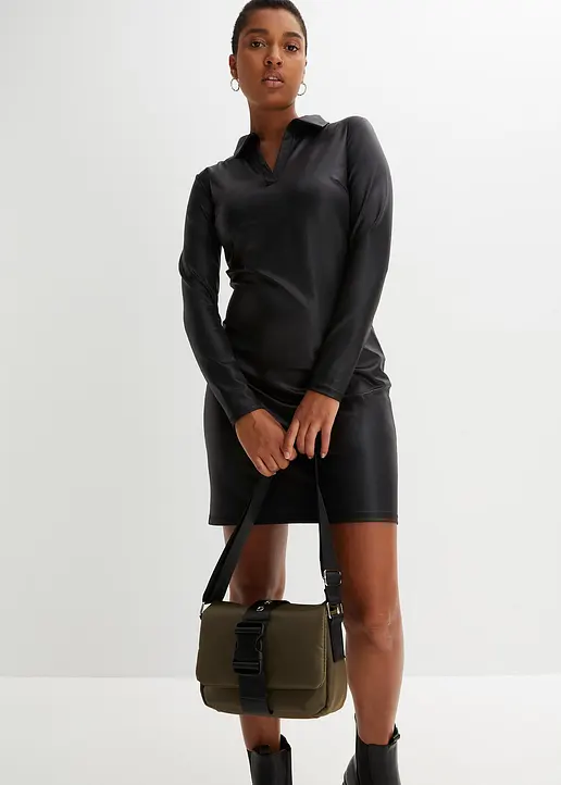 Bonprix Stylisches Minikleid Mit V-Ausschnitt Und Polokragen - Schwarz
