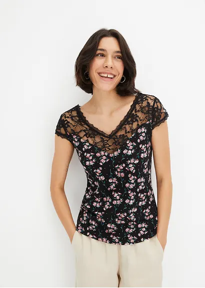 Bonprix Stylisches Shirt Mit Spitzeneinsatz - Schwarz - Damen