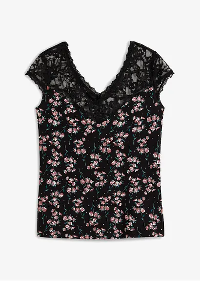 bonprix Stylisches Shirt mit Spitzeneinsatz - schwarz - Damen