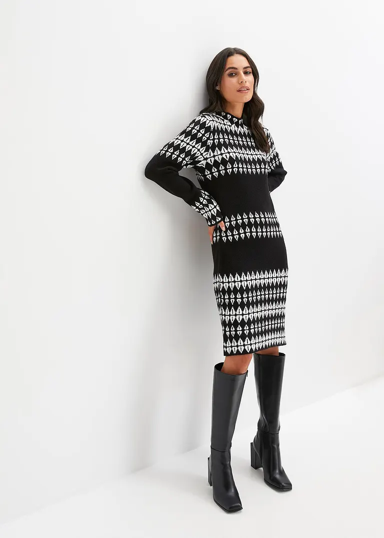 Bonprix Stylisches Strickkleid Mit Modernem Graphischem Muster - Schwarz