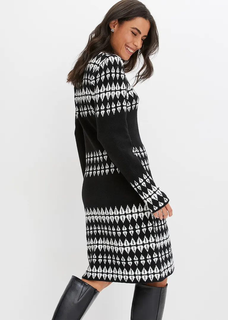 Bonprix Stylisches Strickkleid Mit Modernem Graphischem Muster - Schwarz