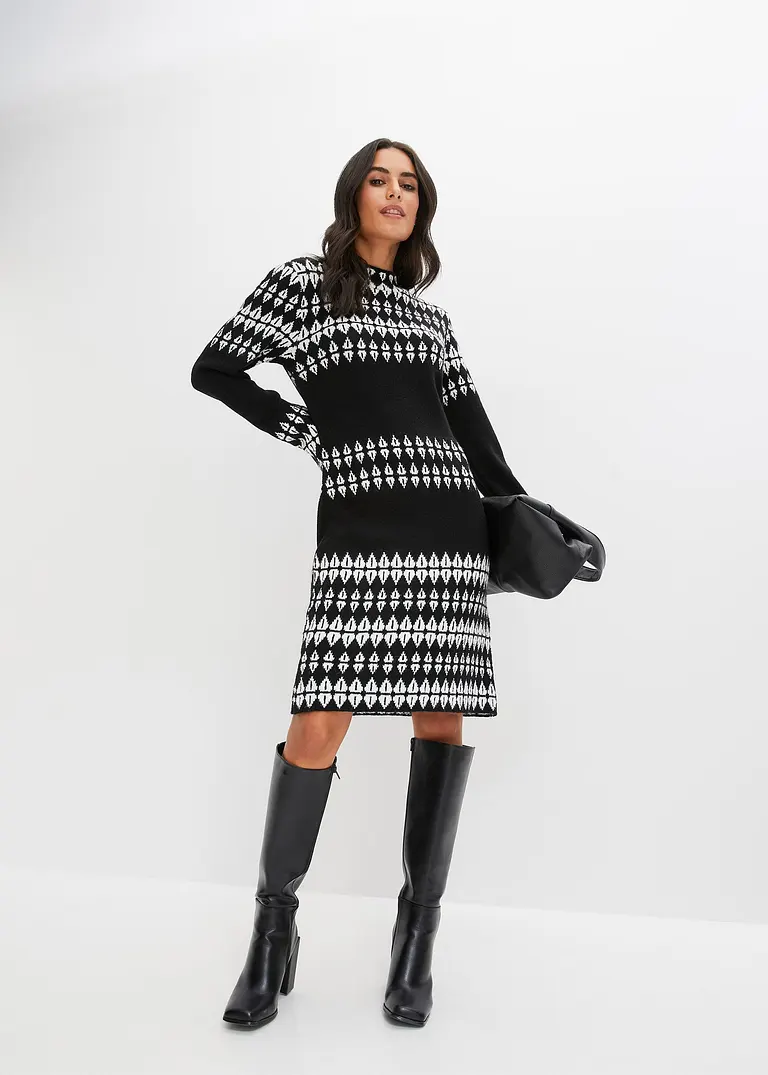 Bonprix Stylisches Strickkleid Mit Modernem Graphischem Muster - Schwarz