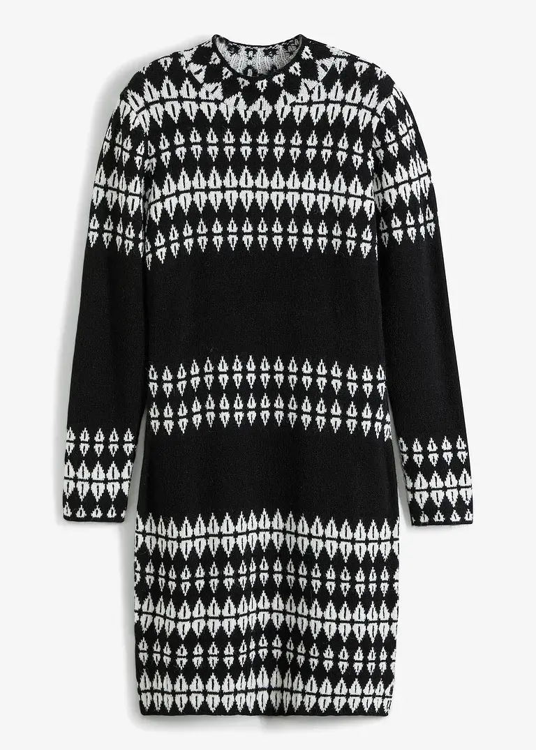 bonprix Stylisches Strickkleid mit modernem graphischem Muster - schwarz