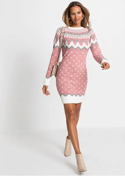 Bonprix Stylisches Strickkleid Mit Schönem Wintermuster - Rosa