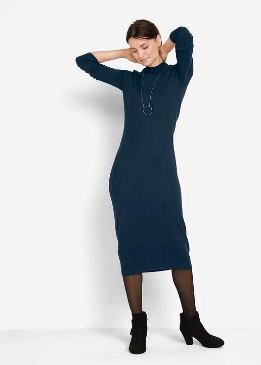 Bonprix Stylisches Strickkleid Mit Stehkragen Langarm - Blau