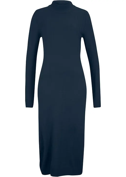 bonprix Stylisches Strickkleid mit Stehkragen langarm - blau