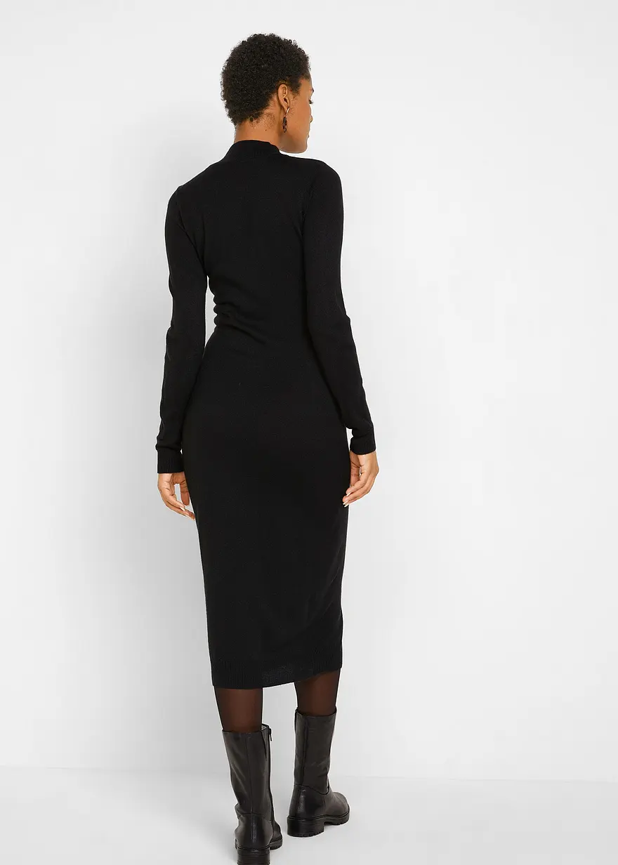 Bonprix Stylisches Strickkleid Mit Stehkragen Langarm - Schwarz - Damen