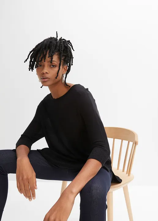 Bonprix Stylisher Strickpullover Mit 3/4-langen Ärmeln - Schwarz - Damen