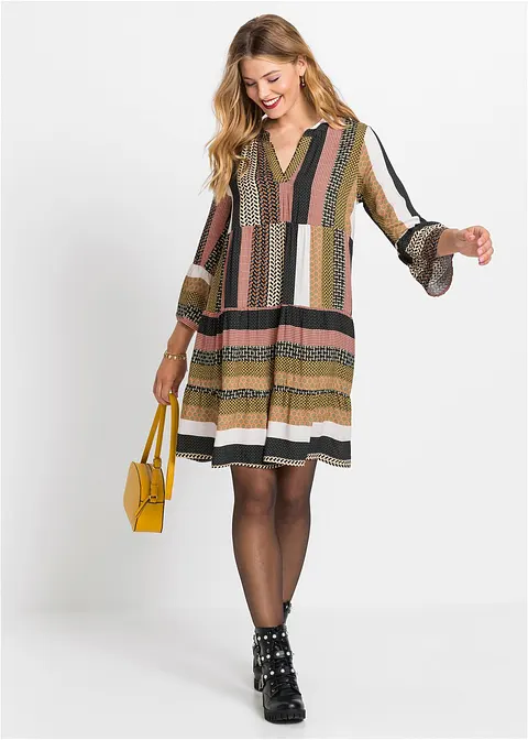Bonprix Stylishes Patchwork-Kleid Mit Weiten Ärmeln - Damen