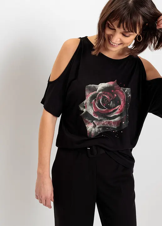Bonprix Stylishes Shirt Mit Blumen-Print - Schwarz - Damen