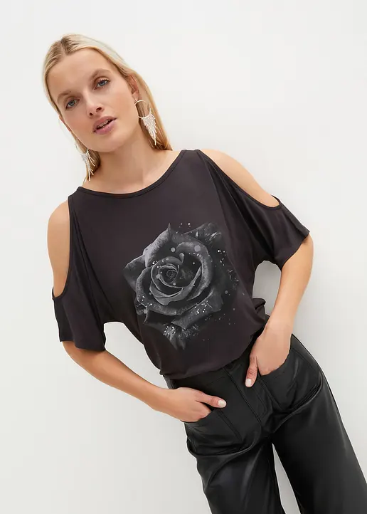 Bonprix Stylishes Shirt Mit Blumen-Print - Schwarz - Damen
