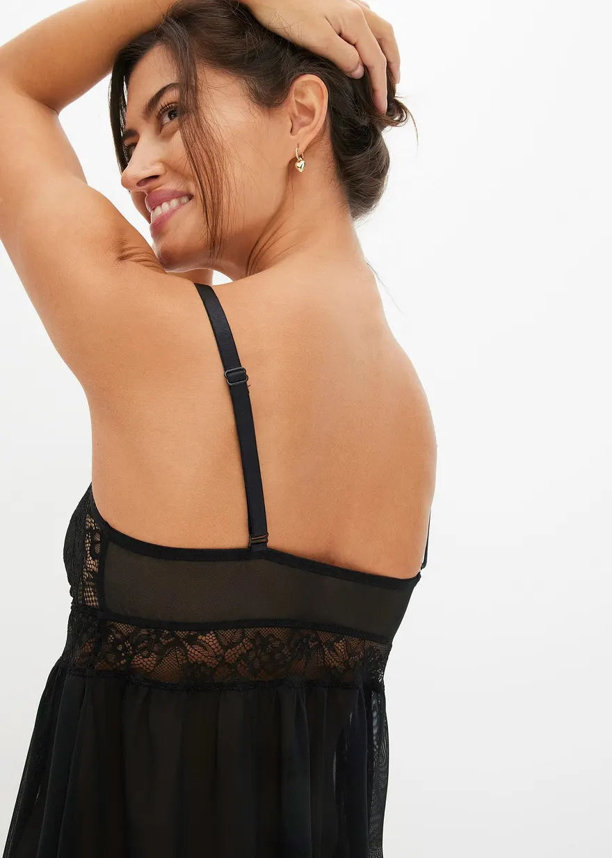 Bonprix Süßes Babydoll Mit Spitze In Verführerischem Look - Schwarz