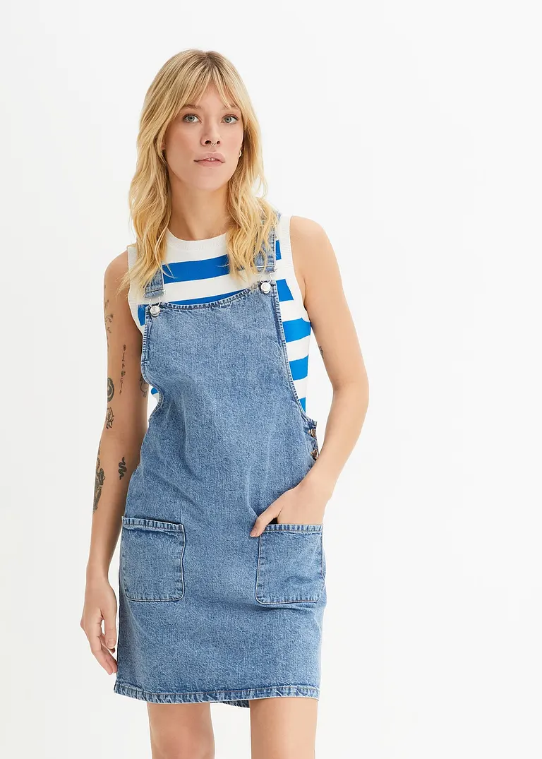 Bonprix Süßes Latzkleid Mit Zwei Taschen - Blau - Damen