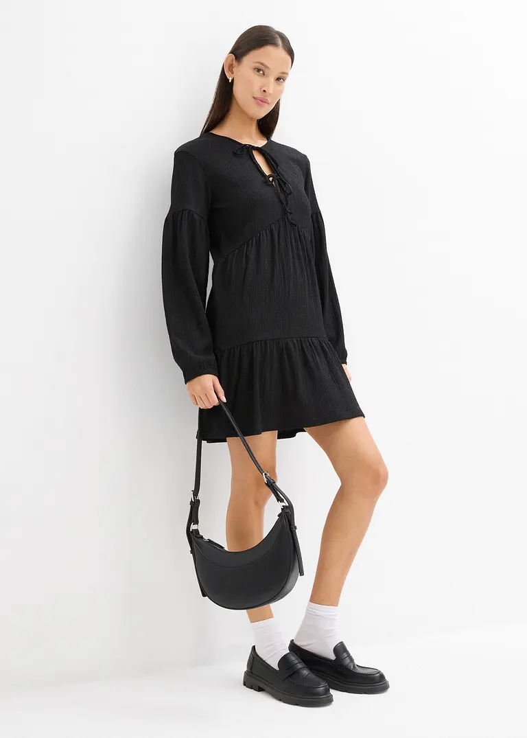 Bonprix Süßes Shirtkleid Aus Crêpe Mit Volants - Schwarz