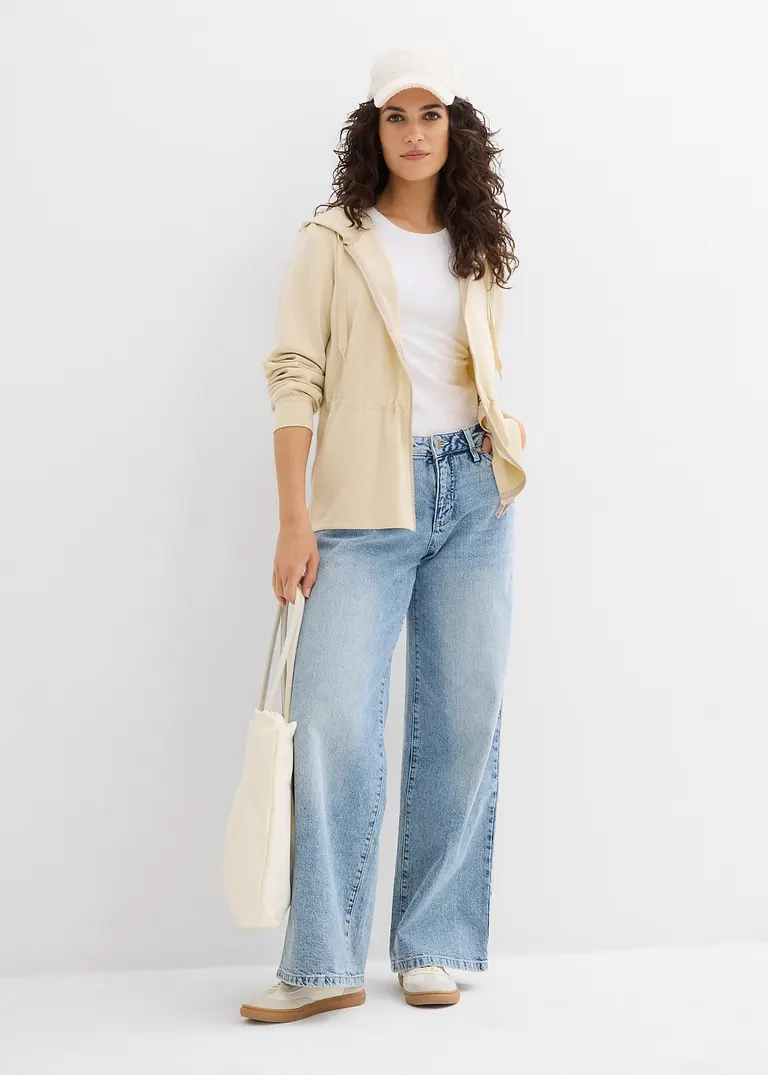 Bonprix Sweatjacke Mit Elastik Und 2-Wege Reißverschluss - Beige - Damen