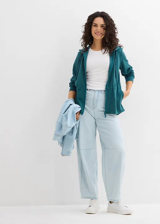 Bonprix Sweatjacke Mit Elastik Und 2-Wege Reißverschluss - Petrol - Damen