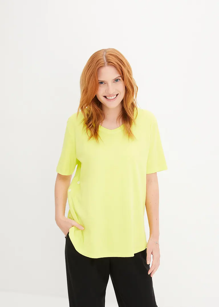 Bonprix T-Shirt Mit Knopfdetail An Der Seite Aus Bio-Baumwolle Und V-Ausschnitt