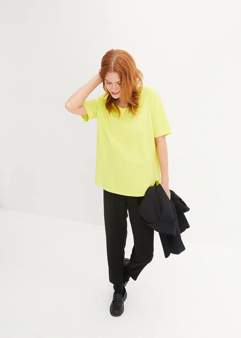 Bonprix T-Shirt Mit Knopfdetail An Der Seite Aus Bio-Baumwolle Und V-Ausschnitt