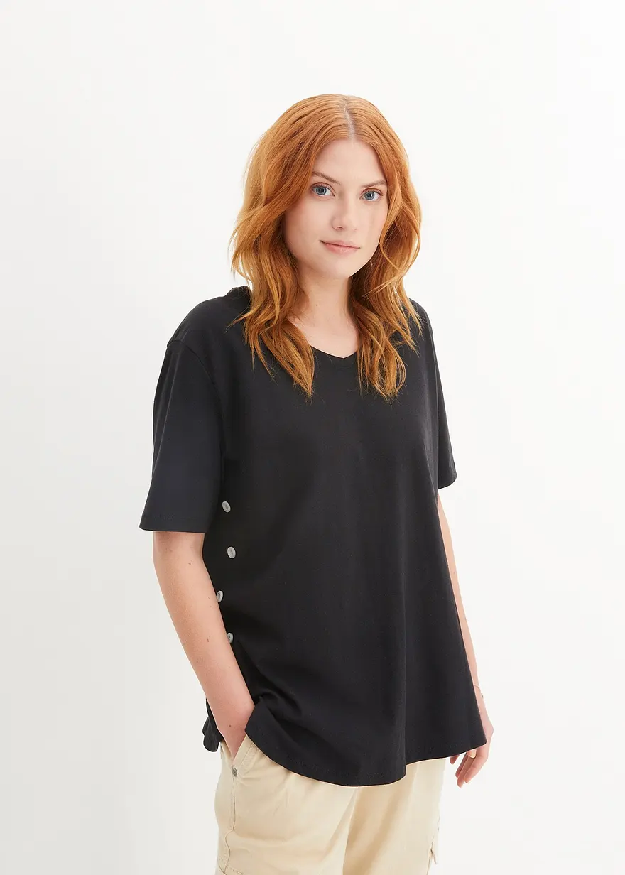 Bonprix T-Shirt Mit Knopfdetail An Der Seite Aus Bio-Baumwolle Und V-Ausschnitt