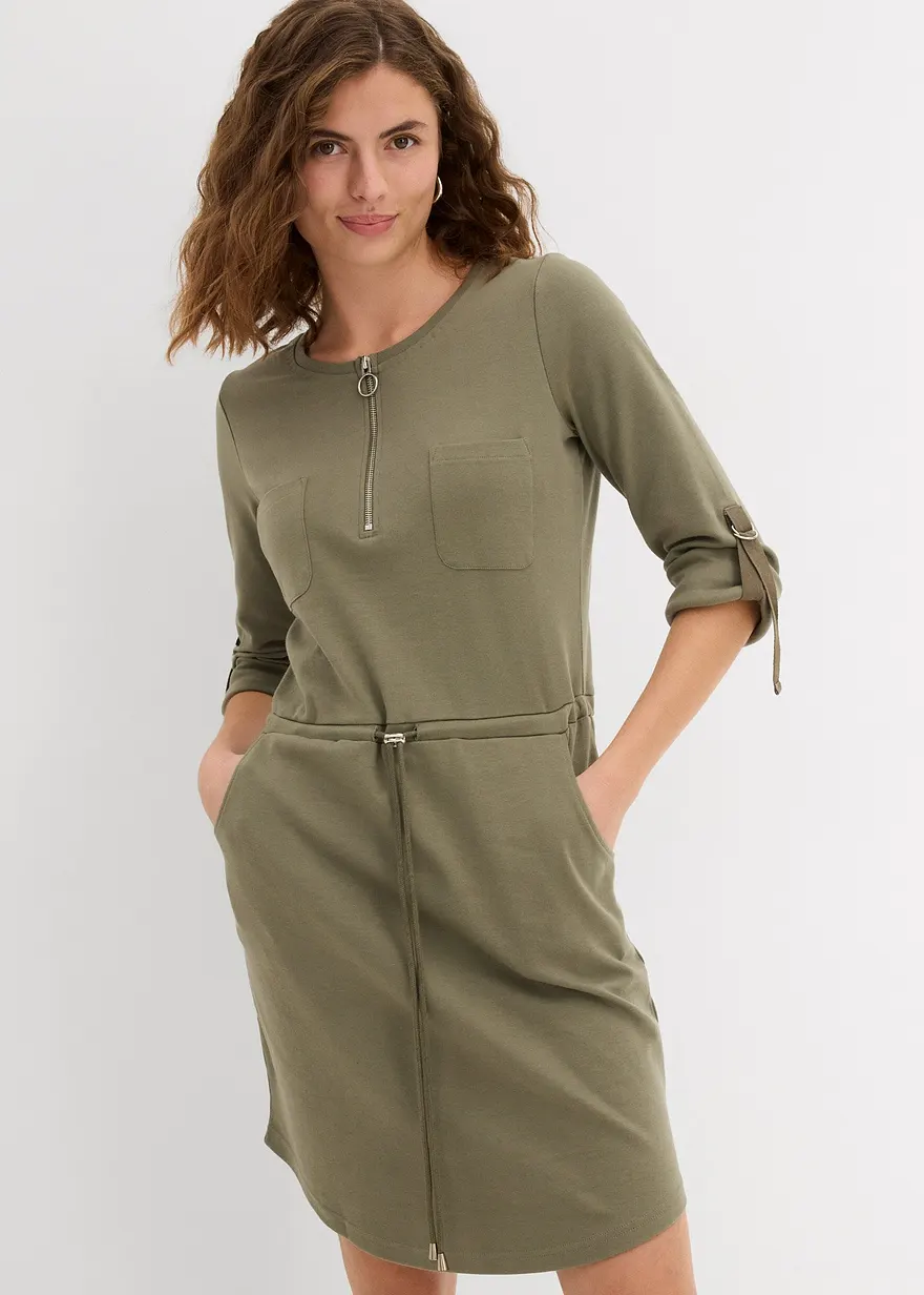 Bonprix Taillenbetonendes Baumwoll-Shirtkleid Mit Verstellbarer Ärmellänge Und Taschen