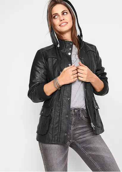 Bonprix Tolle Lederimitat-Jacke Mit Abnehmbarer Kapuze - Schwarz - Damen
