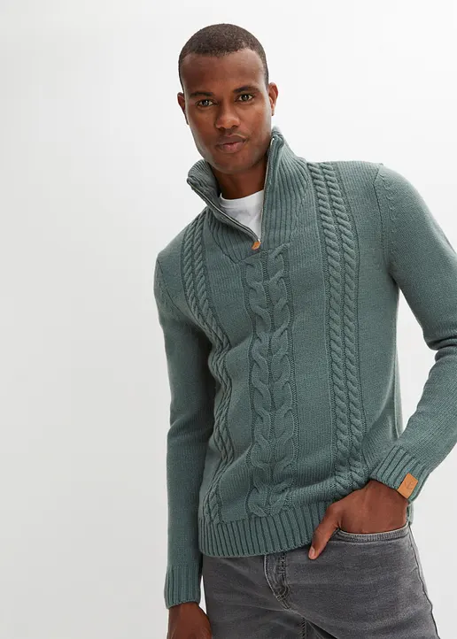 Bonprix Toller Pullover Mit Zopfmuster Und Schönen Kunstleder-Details Maschinenwaschbar