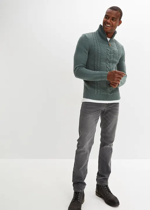 Bonprix Toller Pullover Mit Zopfmuster Und Schönen Kunstleder-Details Maschinenwaschbar