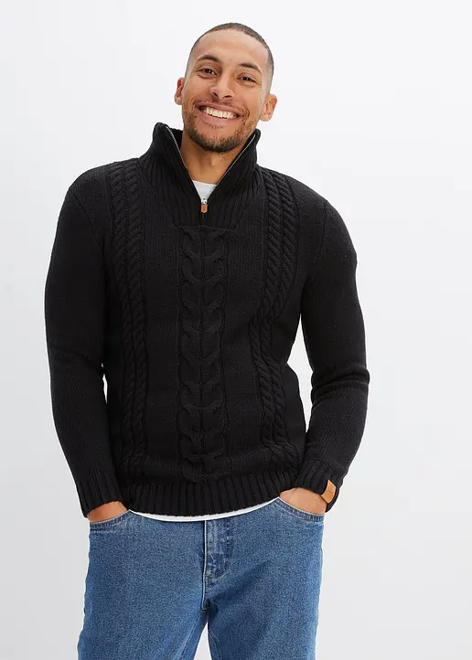 Bonprix Toller Pullover Mit Zopfmuster Und Schönen Kunstleder-Details Maschinenwaschbar