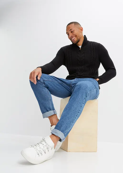 Bonprix Toller Pullover Mit Zopfmuster Und Schönen Kunstleder-Details Maschinenwaschbar