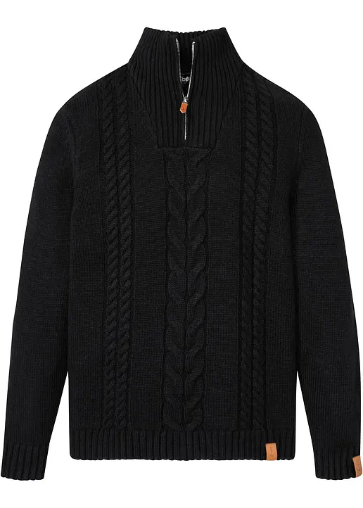 bonprix Toller Pullover mit Zopfmuster und schönen Kunstleder-Details maschinenwaschbar