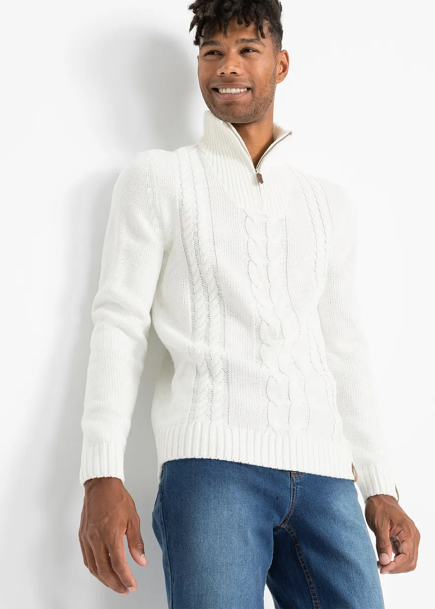 Bonprix Toller Pullover Mit Zopfmuster Und Schönen Kunstleder-Details Maschinenwaschbar