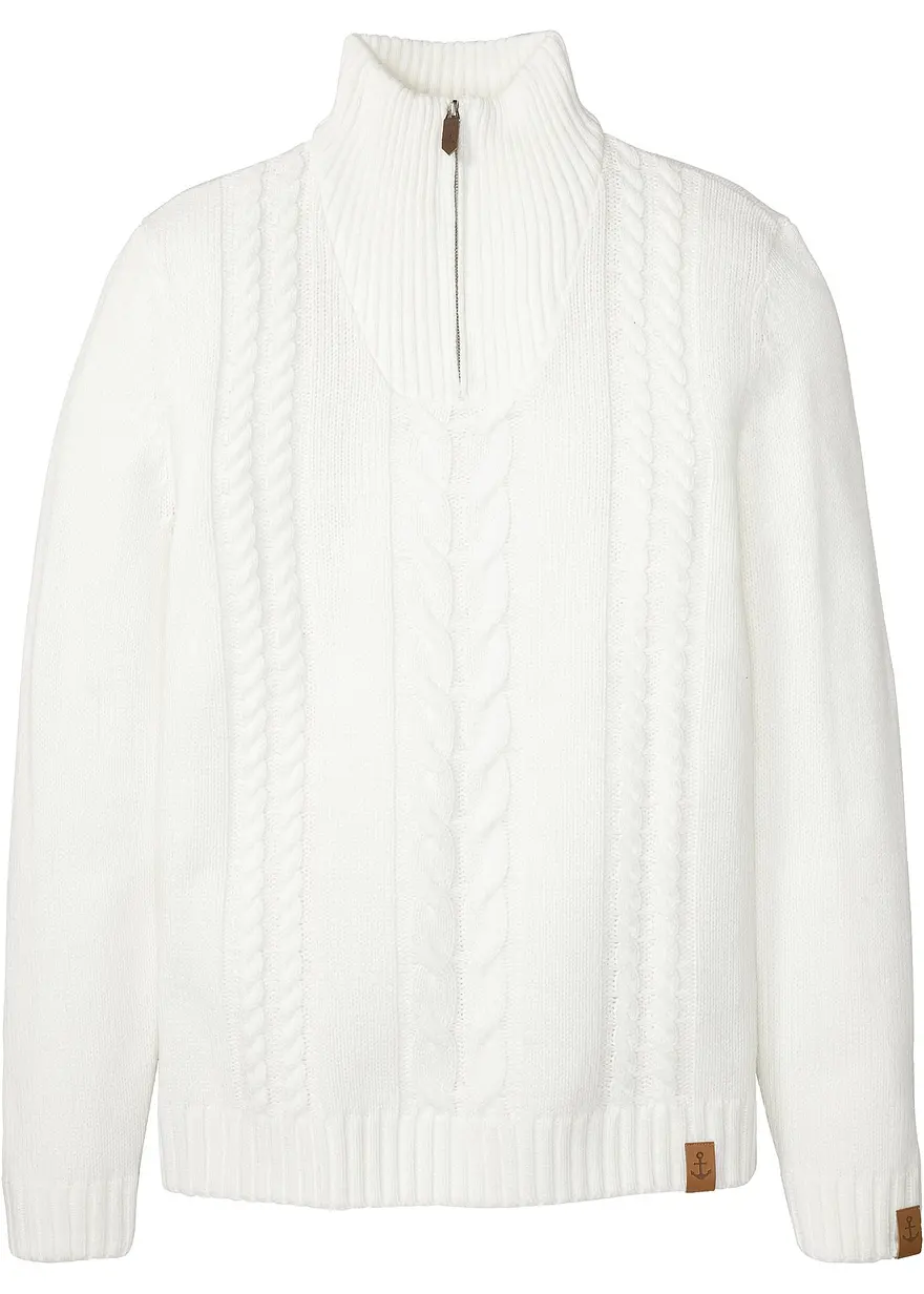 bonprix Toller Pullover mit Zopfmuster und schönen Kunstleder-Details maschinenwaschbar